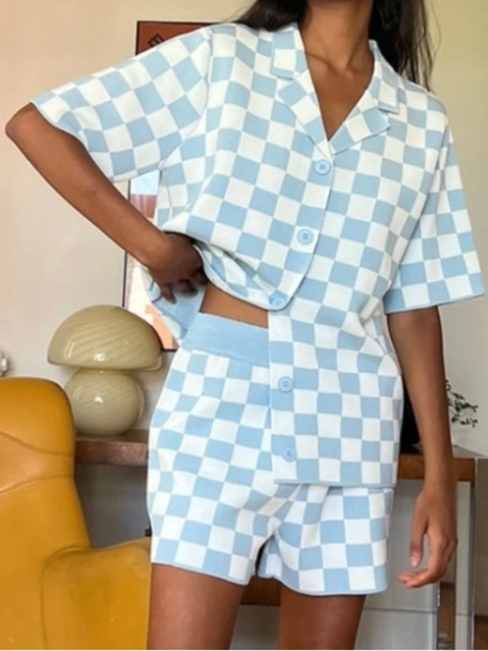 OAK + FORT Blue and White Checker Knit Lounge Set